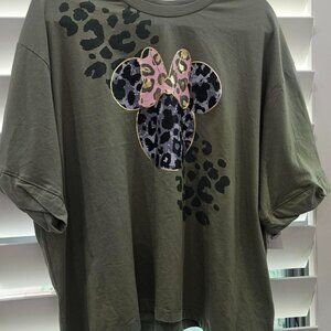 Disney SS Shirt Minnie Mouse Women's XL Cotton/Polyester Olive Green Pink Bow